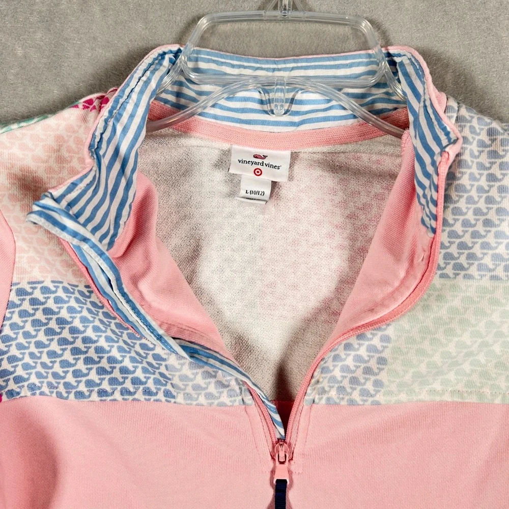 Vineyard Vines Pullover Girls L 10/12 Pink Patchwork Whale Print Quarter Zip Top